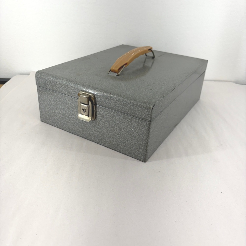 Vintage Industrial Silver Metal Security File Box Storage Case Lock Gray w/Key